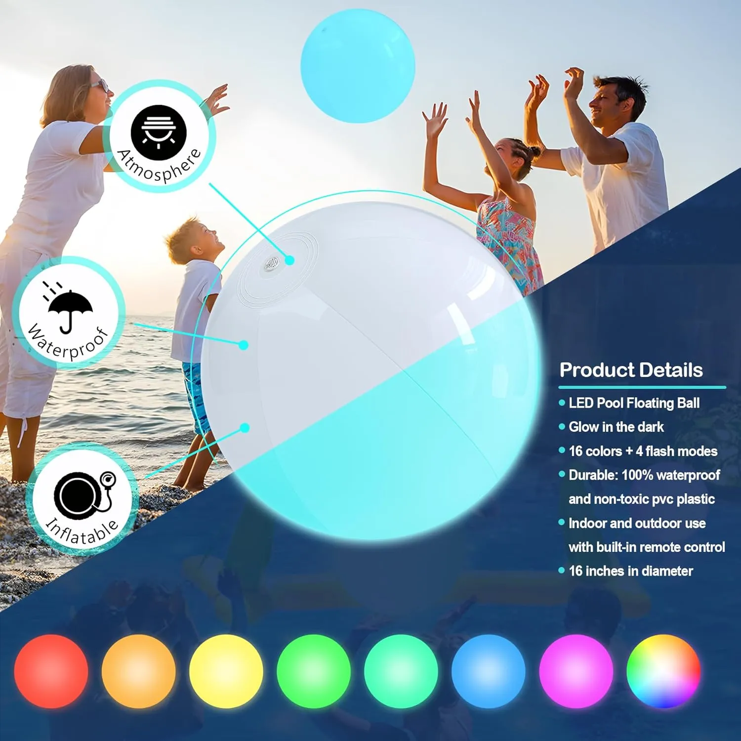 LED Floating Pool Ball Large Inflatable Pool Toys with 16 Colors Lights prose rob rational and 4 Modes with Remote Control Outdoor Pool Party Games(4-6-8Pcs) Light up Beach Ball - 16" 
