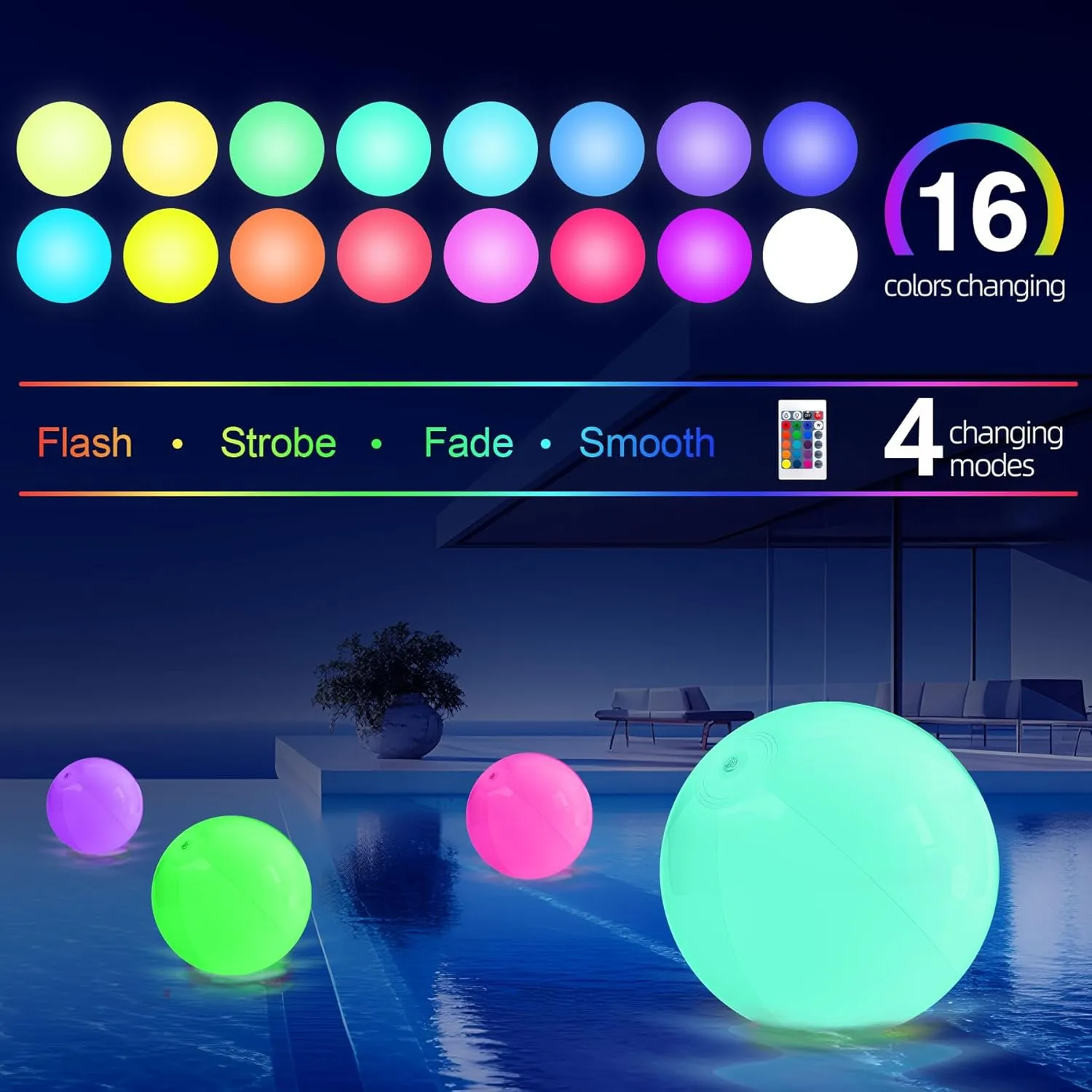 LED Floating Pool Ball Large Inflatable Pool Toys with 16 Colors Lights prose rob rational and 4 Modes with Remote Control Outdoor Pool Party Games(4-6-8Pcs) Light up Beach Ball - 16" 