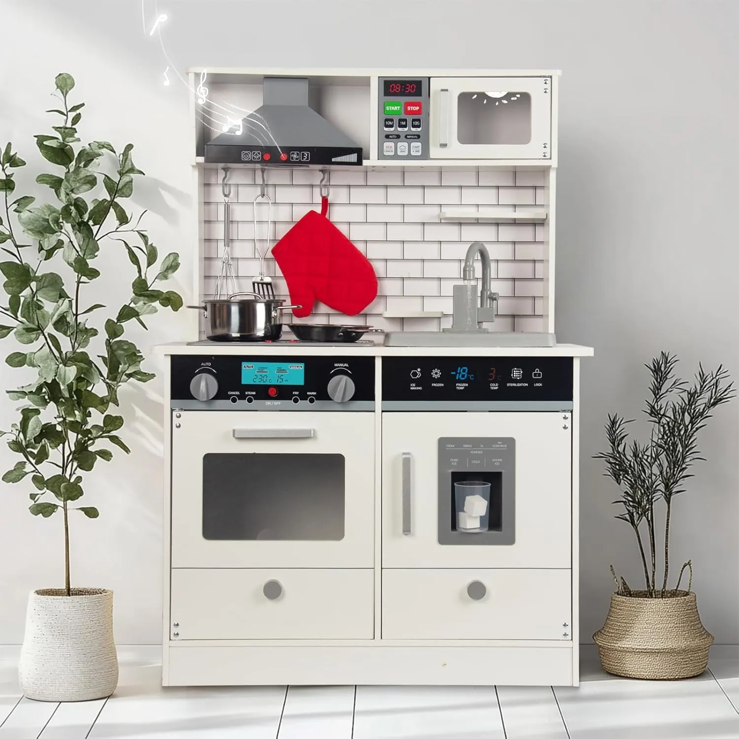 Lights and Sounds$ Include Water Circulation Faucet$ Ice Machine$ Microwave$ Oven$ Hoods$ transportation electronic parachute previous Gas Stoves and Play Kitchen Accessories Wooden Kitchen Playset for Kids with Real 