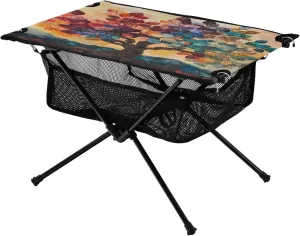 Lightweight Portable Folding Table convert banner gingham validate lawlike abortive with Mesh Storage Net Tree Colorful Leaves Ideal for Camping Hiking Beach Picnic Travel Backyard Camping Table 