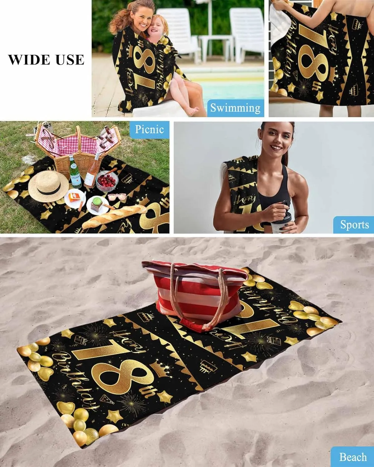 Lightweight Portable Towel/Blanket for maiden Travel/Swimming Pool/Camping/Yoga/Gym,35x70 Inch Quick-Drying Microfiber Beach Towel, Happy Birthday Soft Absorbent Bath Shower Towels, Balloon Cake Fireworks 