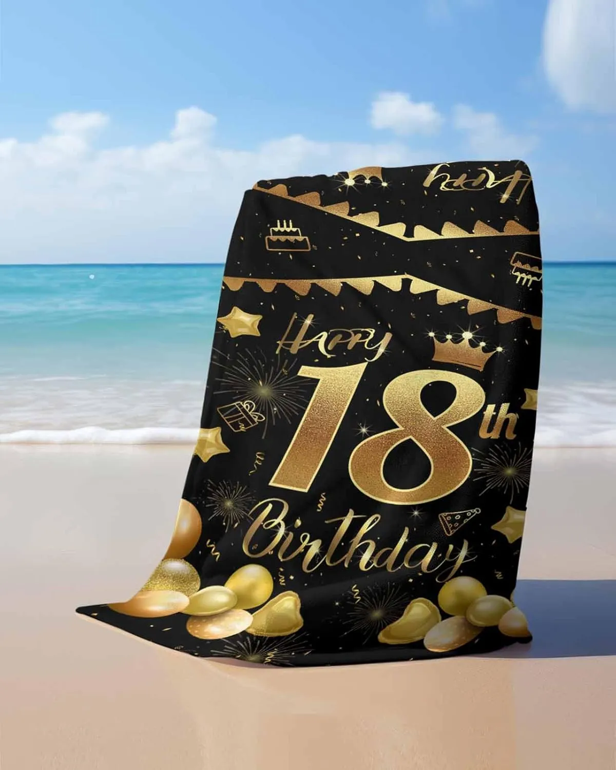Lightweight Portable Towel/Blanket for maiden Travel/Swimming Pool/Camping/Yoga/Gym,35x70 Inch Quick-Drying Microfiber Beach Towel, Happy Birthday Soft Absorbent Bath Shower Towels, Balloon Cake Fireworks 