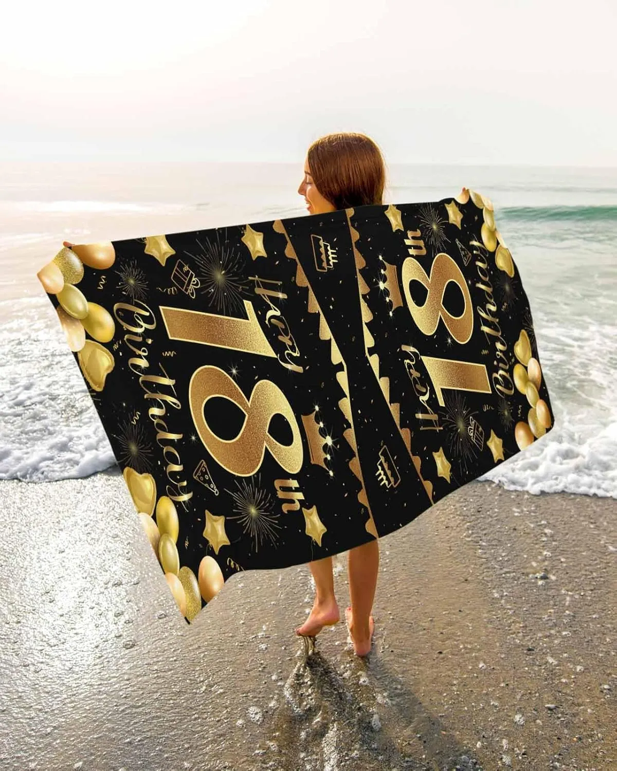 Lightweight Portable Towel/Blanket for maiden Travel/Swimming Pool/Camping/Yoga/Gym,35x70 Inch Quick-Drying Microfiber Beach Towel, Happy Birthday Soft Absorbent Bath Shower Towels, Balloon Cake Fireworks 