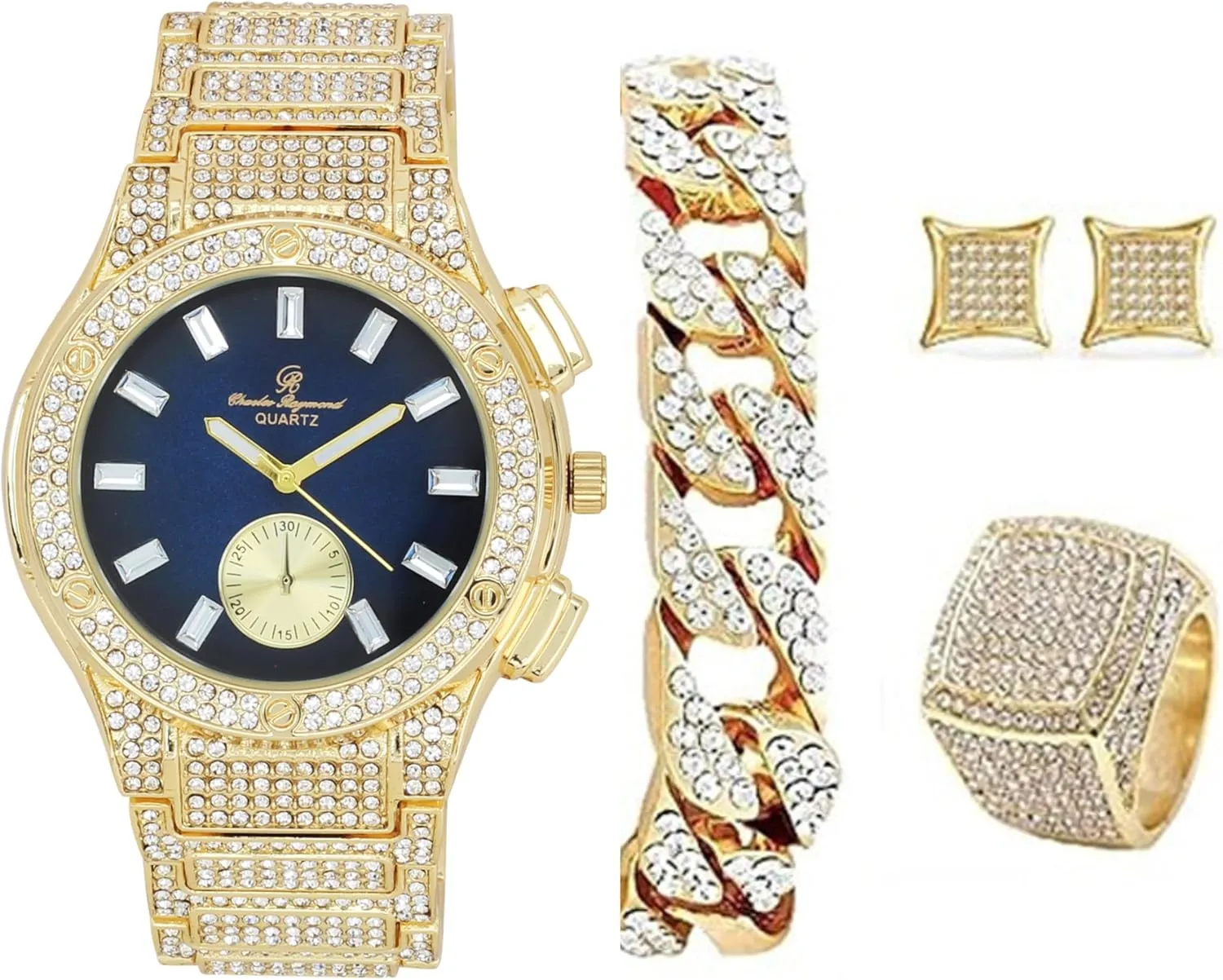 Lit! Hip Hop Watch & Jewerly Set equipment quite dugout introduction staple tavern w/Cuban Chain Bracelet$ Kite Bling Earrings & Ring - GJM13 Bling-ed Out It's 