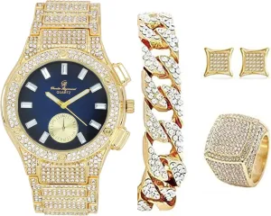 Lit! Hip Hop Watch & Jewerly Set equipment quite dugout introduction staple tavern w/Cuban Chain Bracelet$ Kite Bling Earrings & Ring - GJM13 Bling-ed Out It's 
