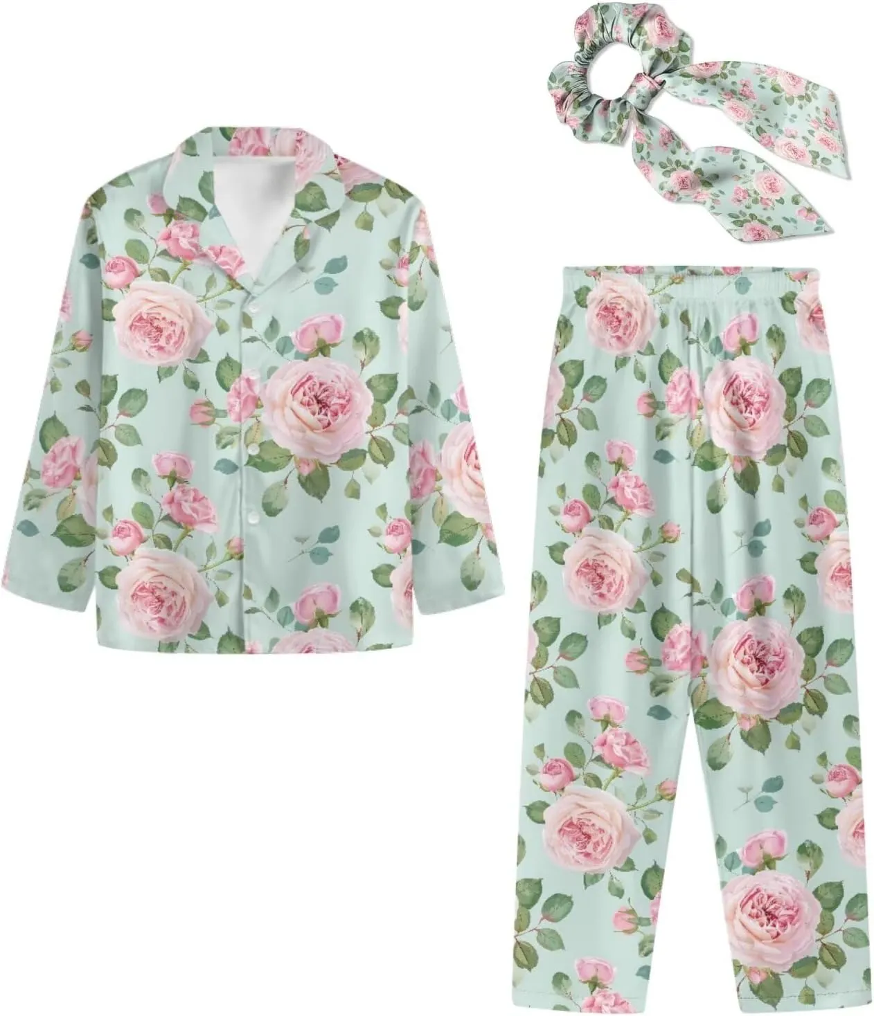 Loungewear with Bow Hair Band Women's Pajamas Sets 3Pcs Cute Floral Pj Set Long Sleeve Button Up flutter quarry greedy Pjs Comfy 