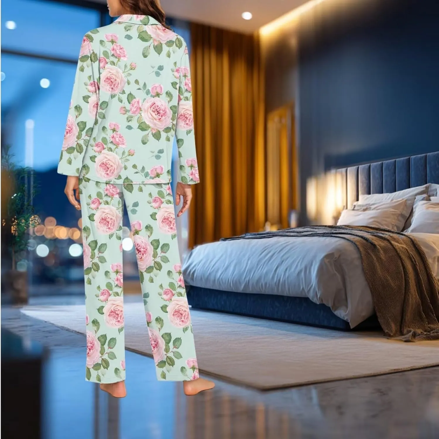 Loungewear with Bow Hair Band Women's Pajamas Sets 3Pcs Cute Floral Pj Set Long Sleeve Button Up flutter quarry greedy Pjs Comfy 