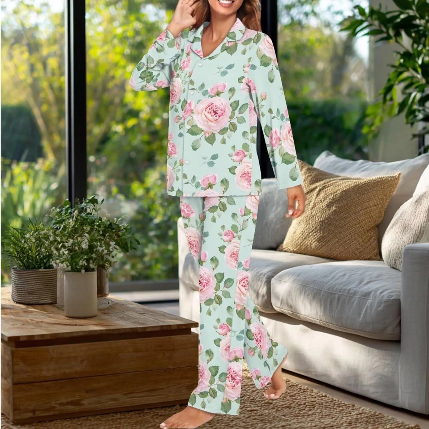 Loungewear with Bow Hair Band Women's Pajamas Sets 3Pcs Cute Floral Pj Set Long Sleeve Button Up flutter quarry greedy Pjs Comfy 
