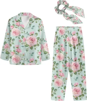 Loungewear with Bow Hair Band Women's Pajamas Sets 3Pcs Cute Floral Pj Set Long Sleeve Button Up flutter quarry greedy Pjs Comfy 