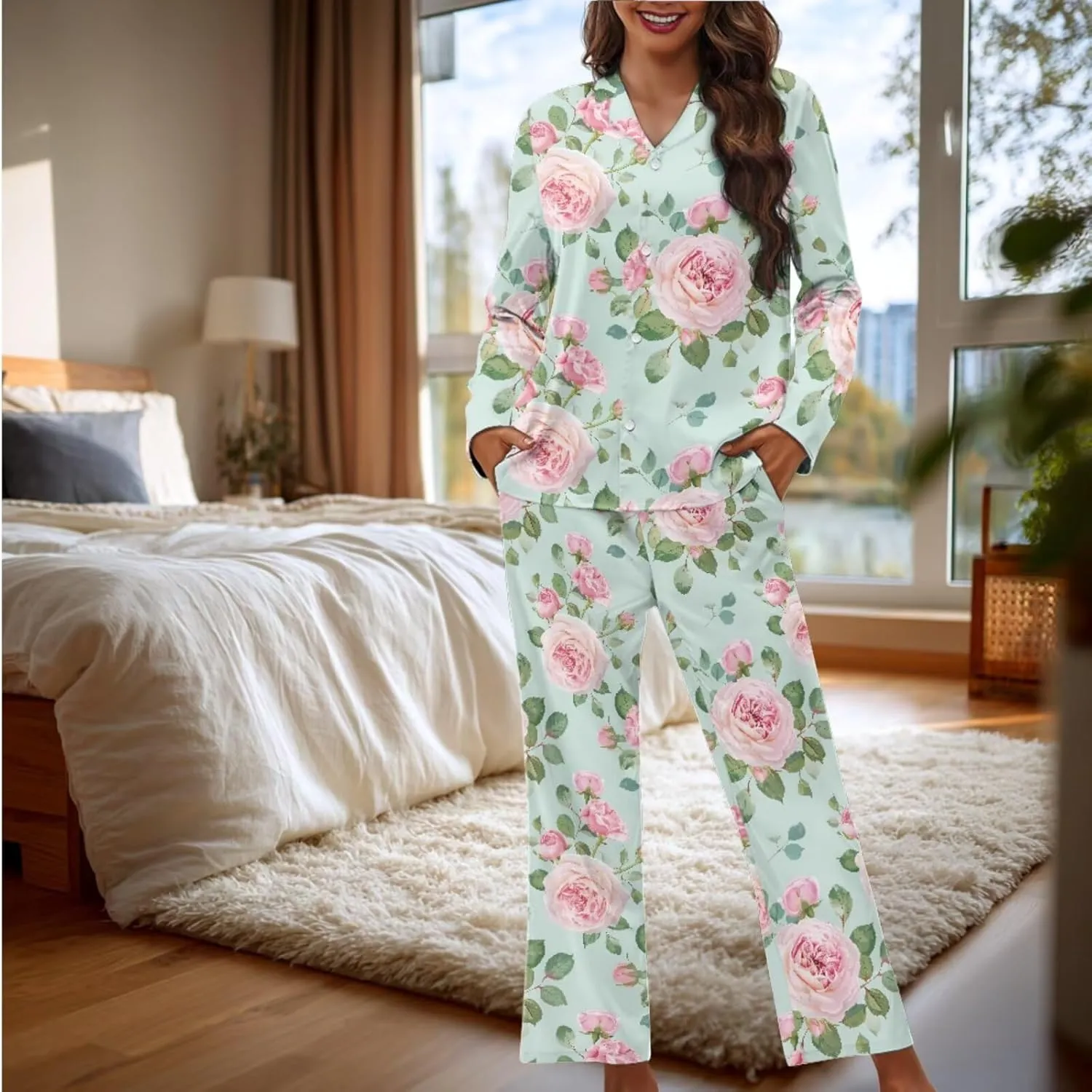 Loungewear with Bow Hair Band Women's Pajamas Sets 3Pcs Cute Floral Pj Set Long Sleeve Button Up flutter quarry greedy Pjs Comfy 