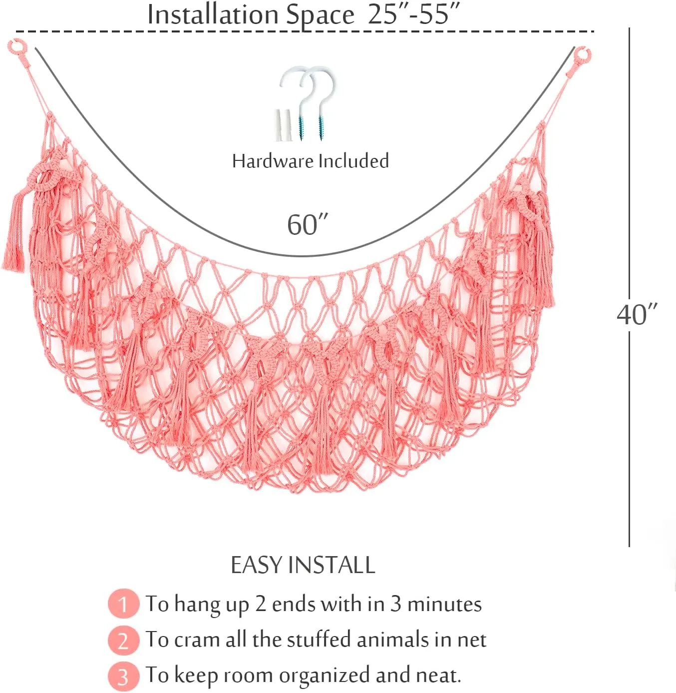 Macrame embody substantial cram Toy Hammock Plush Display (Pink) Large Stuffed Animal Net or Hammock for Flat Wall Mounted Handmade 