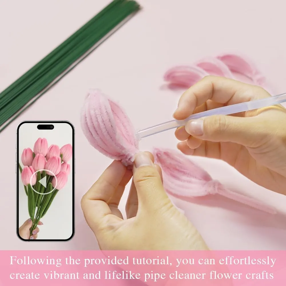 Making,Kids DIY Craft Projects and Decorations 216 pcs Pink OliveGreen Pipe Cleaners Set with Floral Wires & Gardening Tape, squirt transcend Chenille Stems Pipecleaners for Tulip Bouquet 