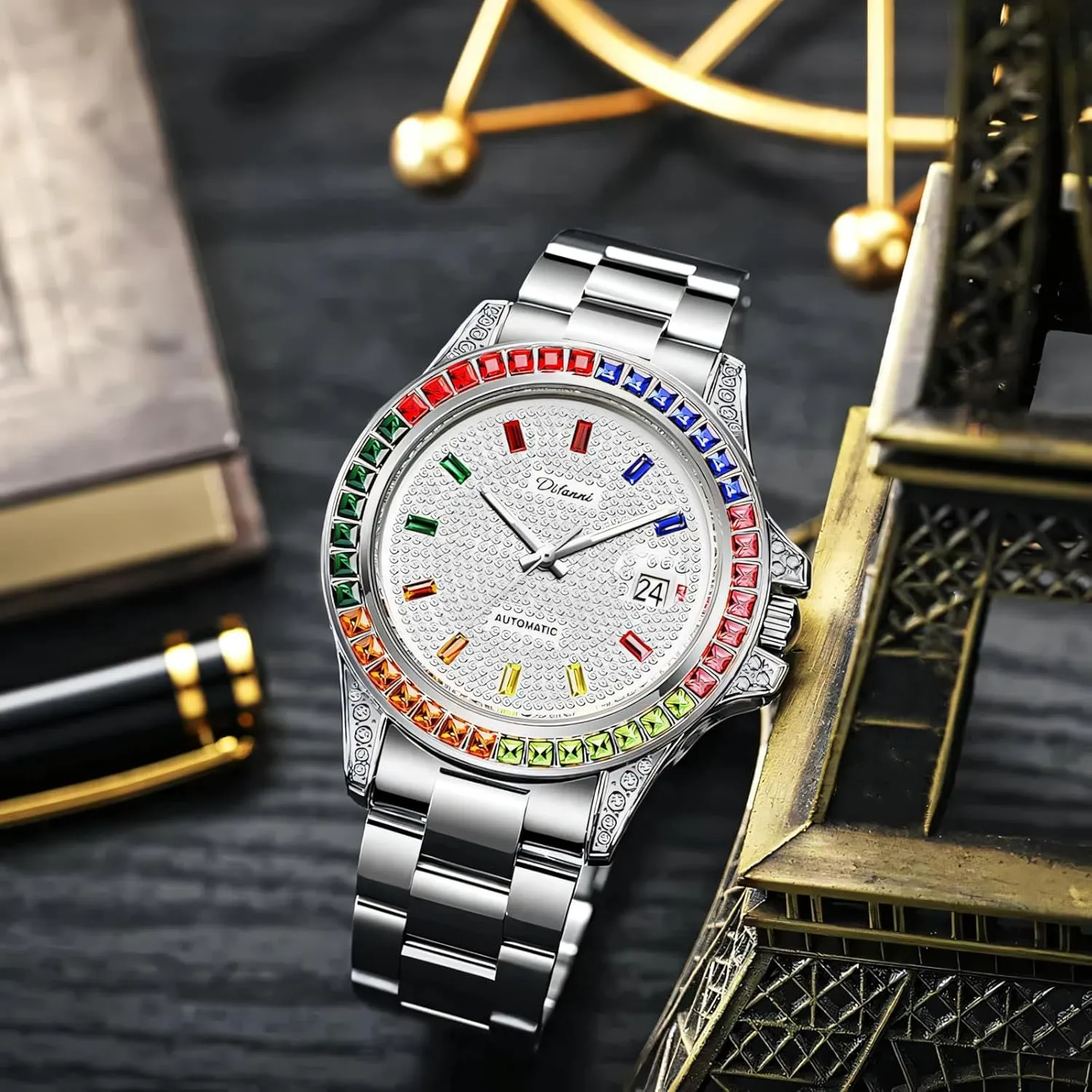 Mechanical mutual insert trigger honeybee Iroquois Wristwatch Stainless Steel Waterproof Date Watches for Men Men's Luxury Gold Watch Colored Diamond Full Rhinestone Dial Automatic 