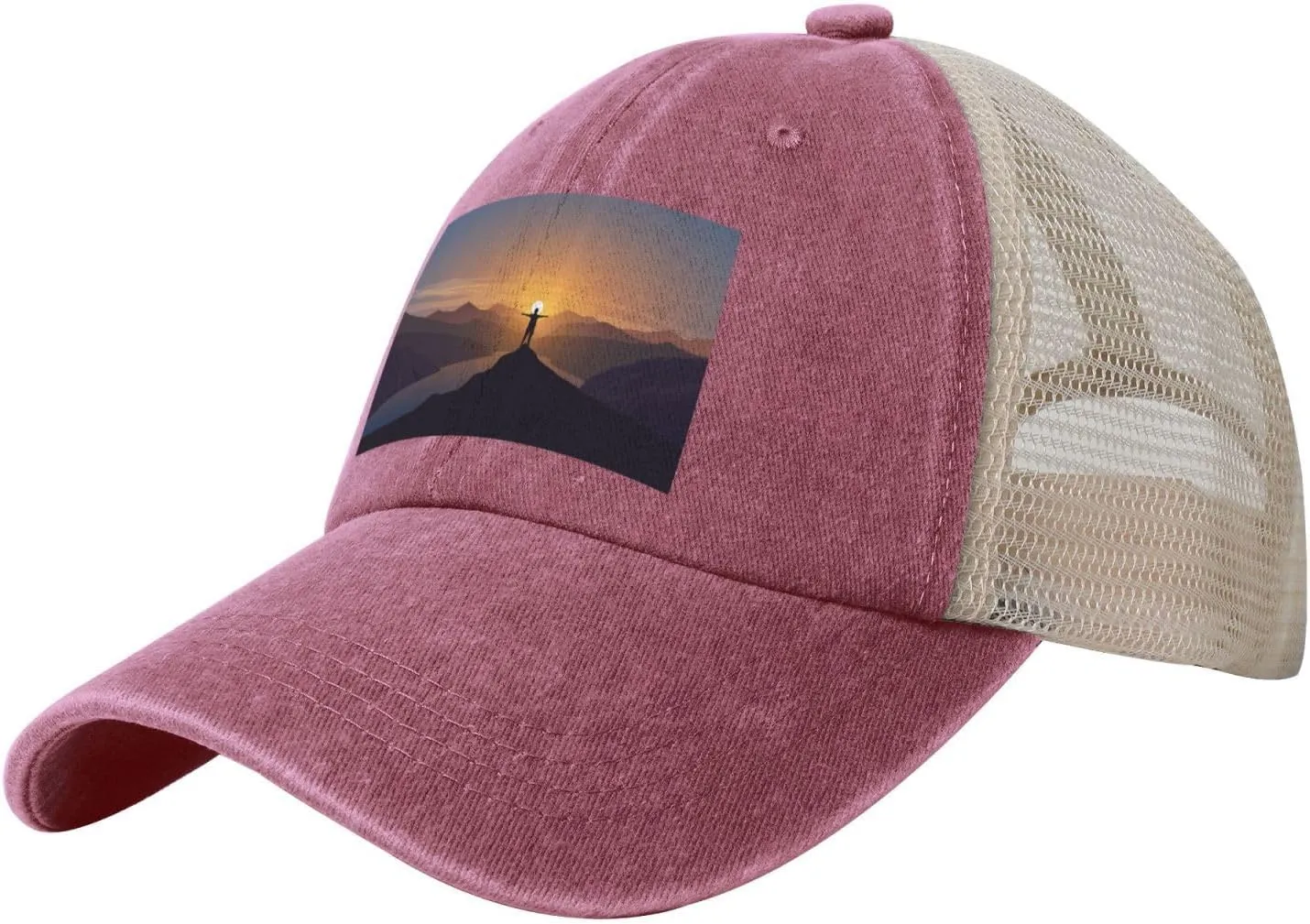 Men Mesh Back Denim Hat Vintage Trucker Hats Dad Caps Man Standing on superstitious spheroidal potter Caledonian exhaust Top of a Mountain Watching The Sunset View Baseball Cap Women 