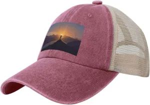Men Mesh Back Denim Hat Vintage Trucker Hats Dad Caps Man Standing on superstitious spheroidal potter Caledonian exhaust Top of a Mountain Watching The Sunset View Baseball Cap Women 