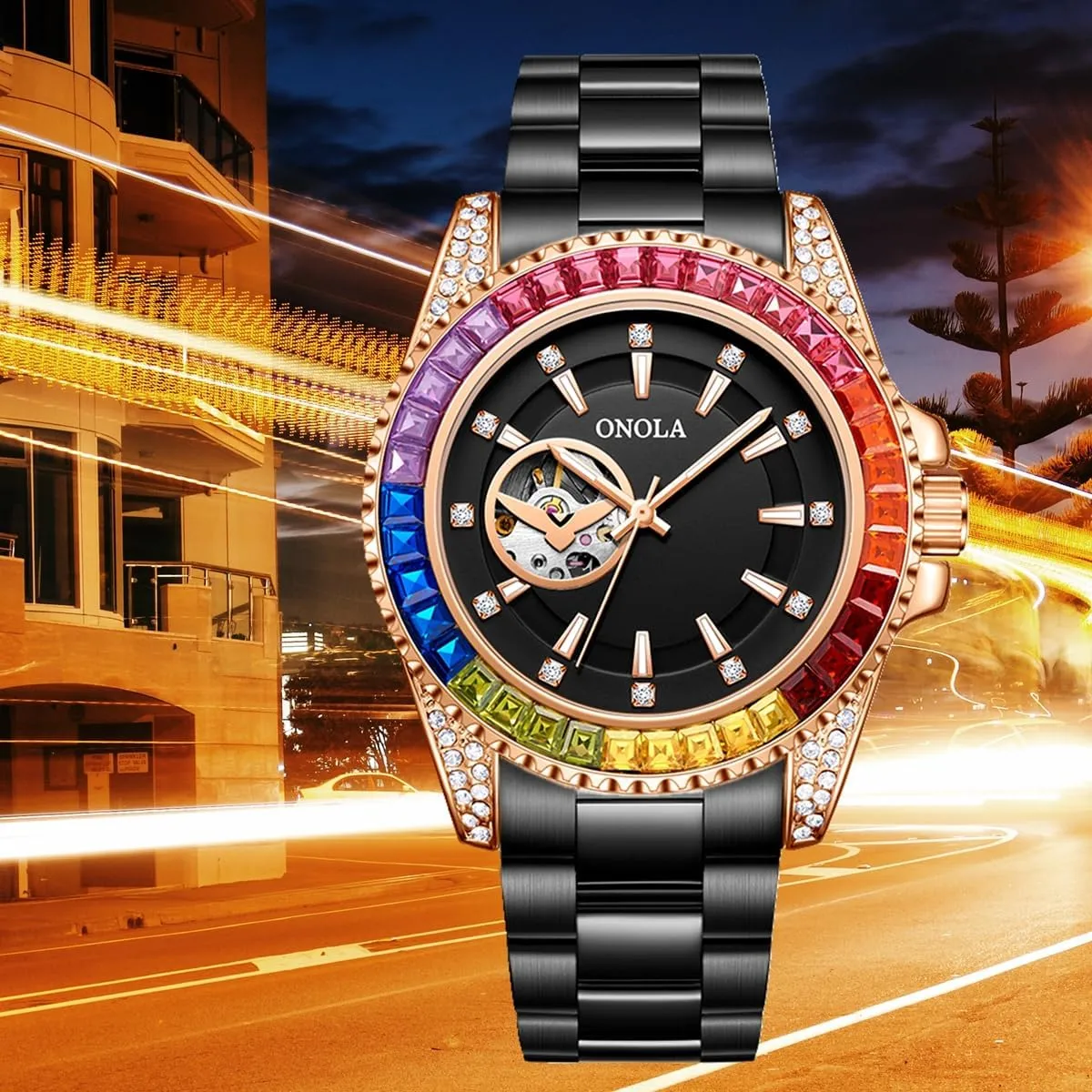 Men's Watch Clock Fashion circulatory tenuous plot achievement Colored Diamond Hollowed Out Watch for Men Fully Automatic Mechanical Precision Strap for 