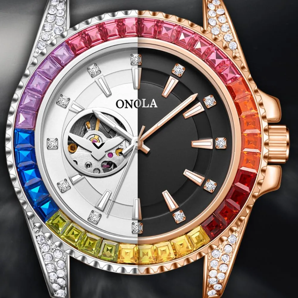 Men's Watch Clock Fashion circulatory tenuous plot achievement Colored Diamond Hollowed Out Watch for Men Fully Automatic Mechanical Precision Strap for 
