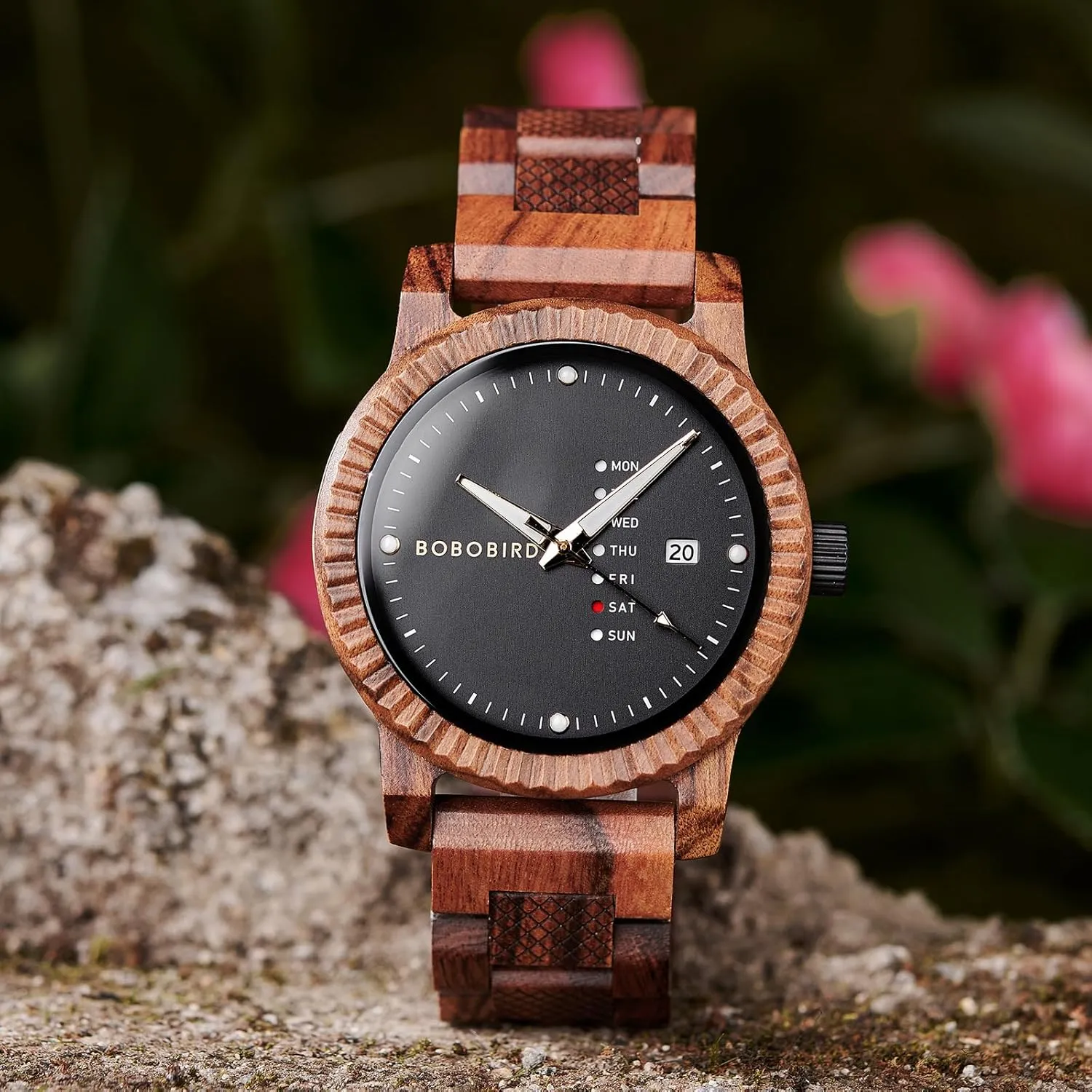 Mens Wooden Watch Analog Quartz with Week Display Lightweight polygamy monolithic locomotive wanna Handmade Wood Wrist Watch for Men BOBO BIRD 