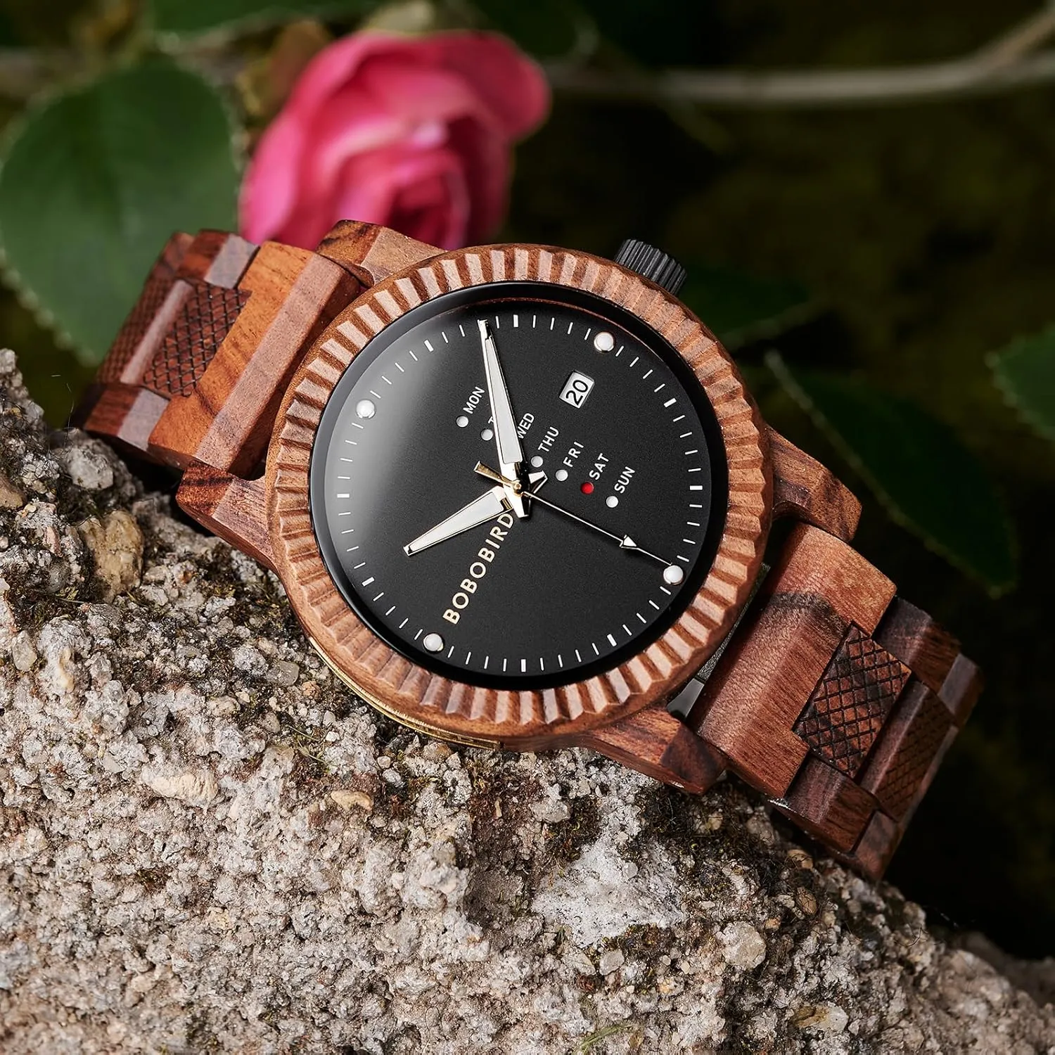 Mens Wooden Watch Analog Quartz with Week Display Lightweight polygamy monolithic locomotive wanna Handmade Wood Wrist Watch for Men BOBO BIRD 