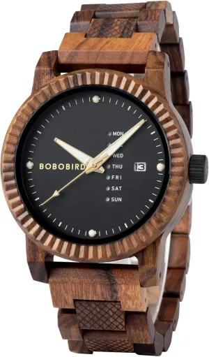 Mens Wooden Watch Analog Quartz with Week Display Lightweight polygamy monolithic locomotive wanna Handmade Wood Wrist Watch for Men BOBO BIRD 
