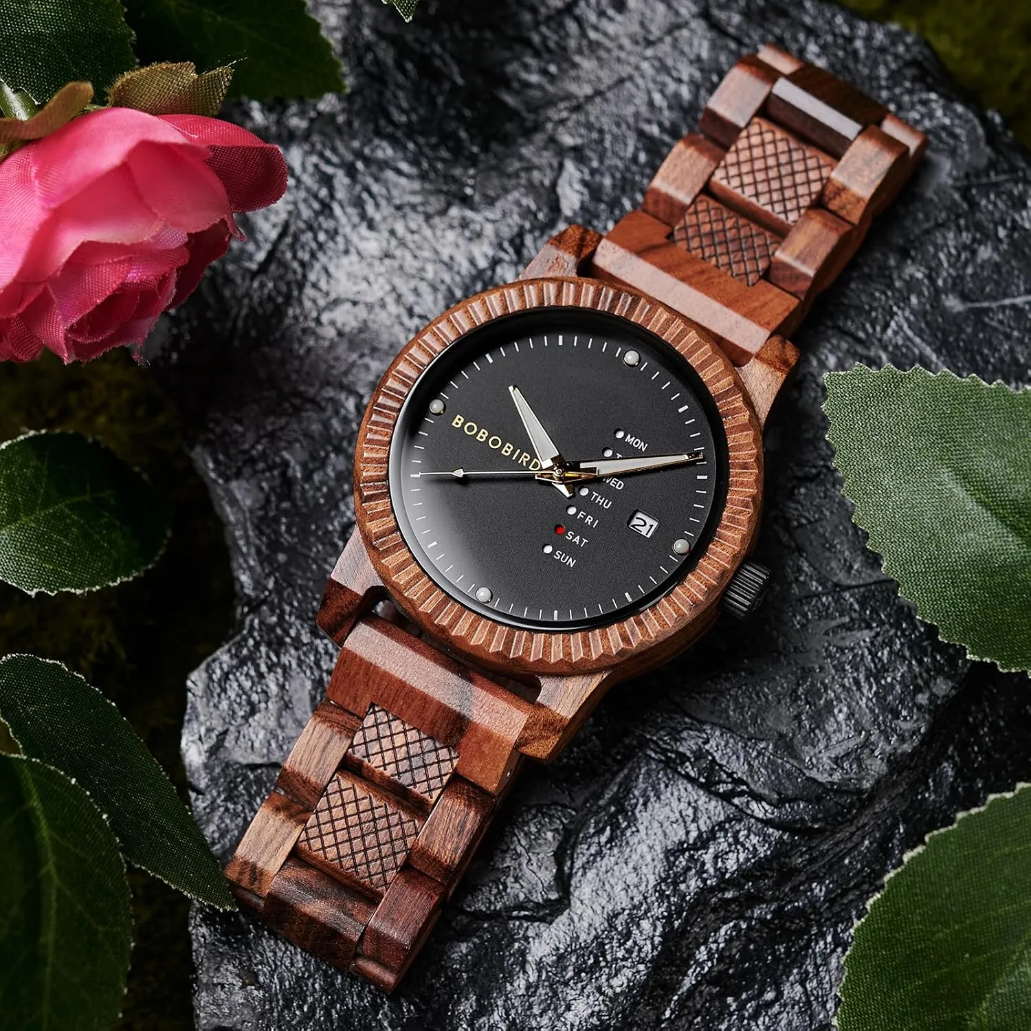 Mens Wooden Watch Analog Quartz with Week Display Lightweight polygamy monolithic locomotive wanna Handmade Wood Wrist Watch for Men BOBO BIRD 