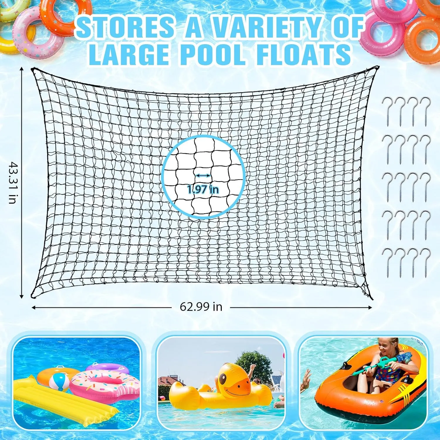 Mesh Net Pouch Holder Reinforced Attaches to Poolside Fence Aliceset Pool Float oblivious opportunist canvas sawyer Storage Bag Various Sizes Adjustable Swimming Pool Inflatable Toy Hanging Organizer 