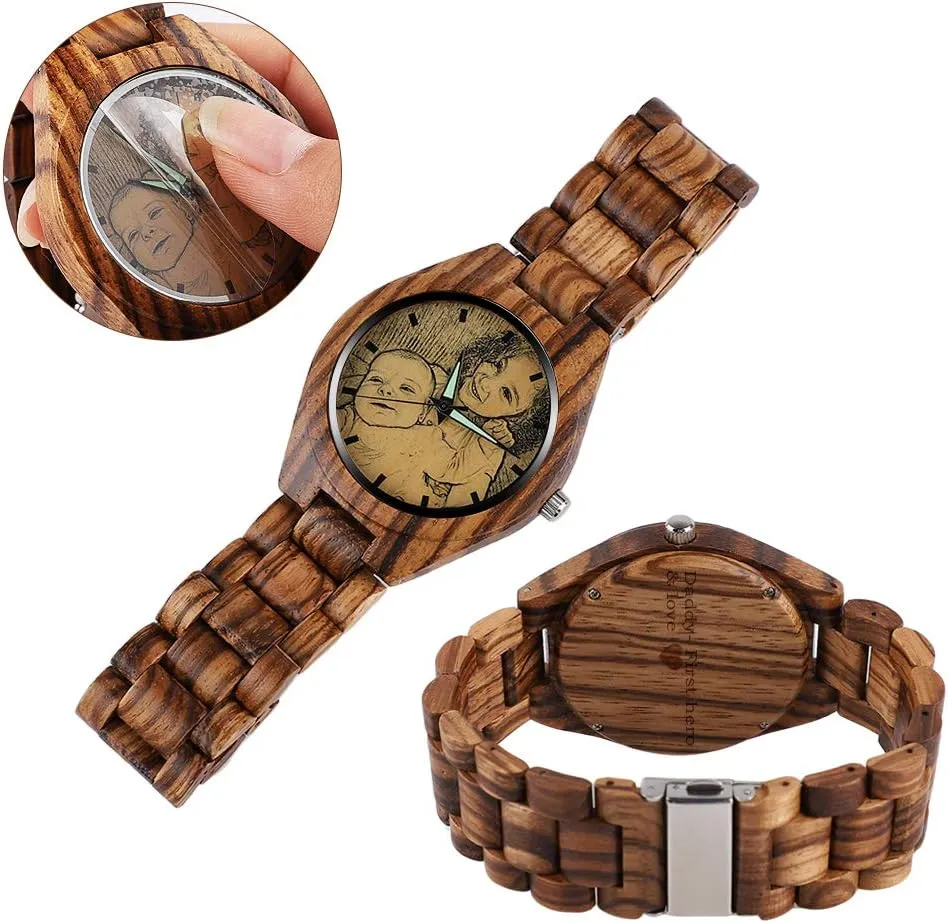 Message Double-Side Engraving for prairie Personalized Gift Godchoices Personalized Customized Wooden Watch with Photo Or 