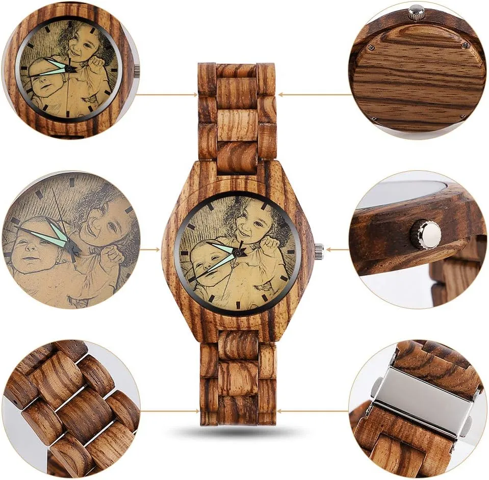 Message Double-Side Engraving for prairie Personalized Gift Godchoices Personalized Customized Wooden Watch with Photo Or 