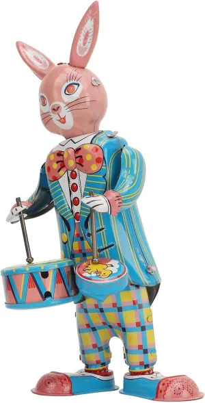 Metal Cincinnati Drumming Rabbit$ Adult Collection for Collectors Rabbit Wind Up Tin Toys$ Vintage Rabbit Clockwork Toy$ Retro 