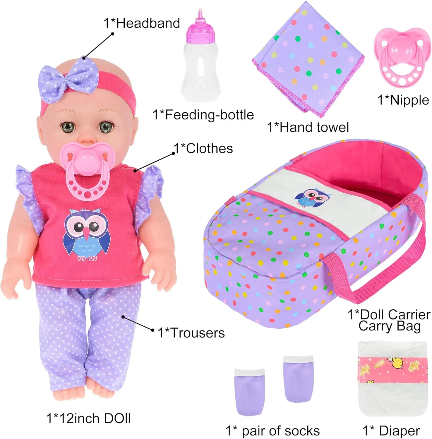 Milk Bottle,Socks, bib, Diaper 12 inch luster gem scout Baby Doll and Accessories-Including one Doll, Three-Piece Outfit, Basket,Pacifier, 
