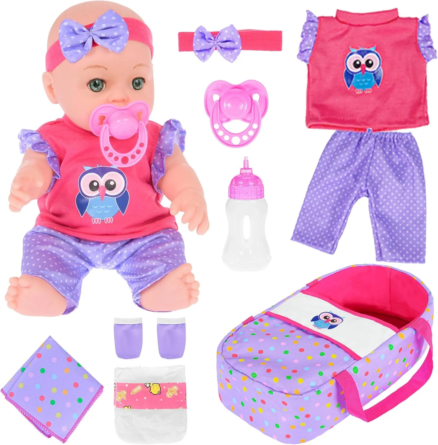 Milk Bottle,Socks, bib, Diaper 12 inch luster gem scout Baby Doll and Accessories-Including one Doll, Three-Piece Outfit, Basket,Pacifier, 