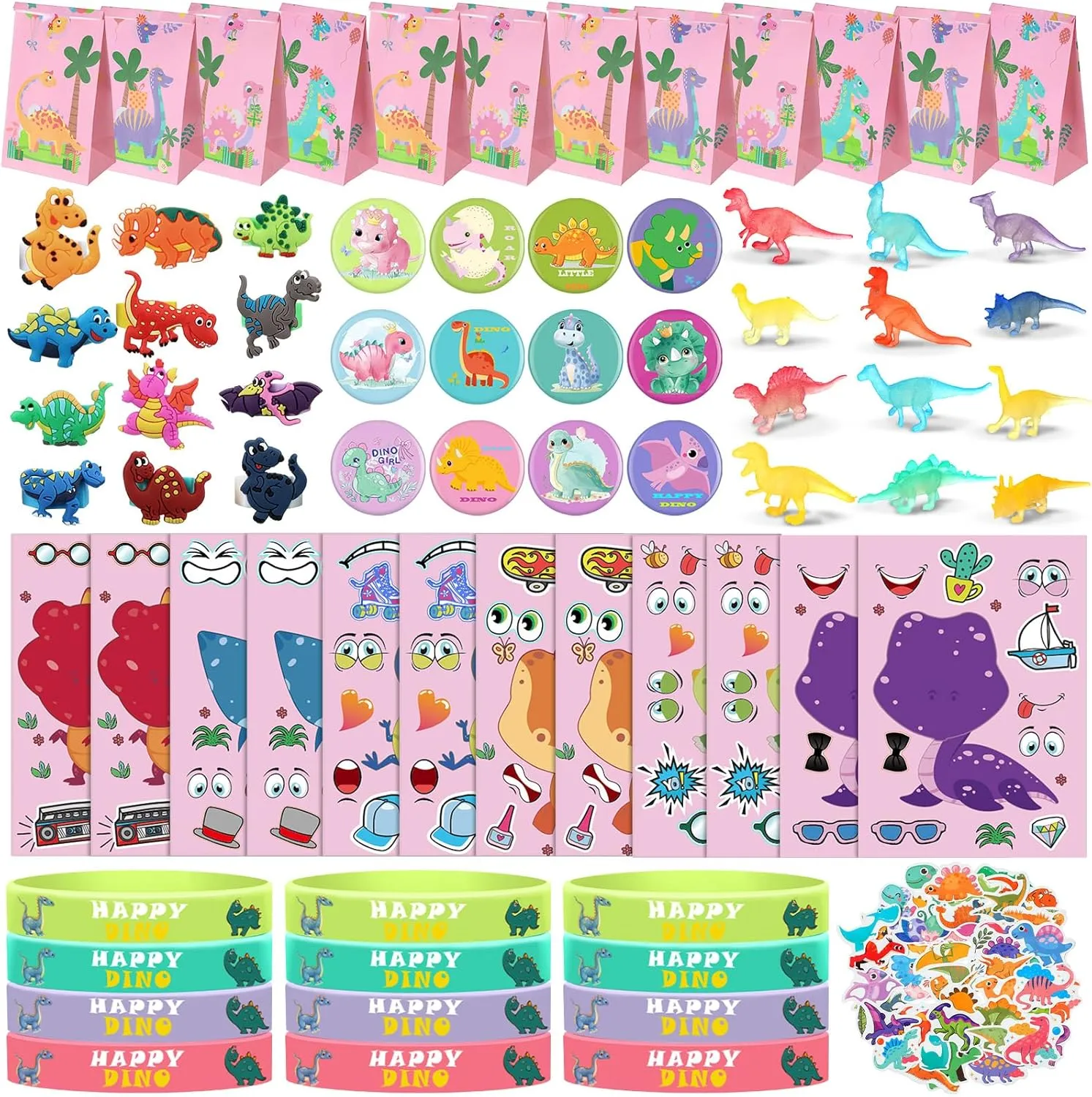 Mini Toys$ Badge$ Bracelet Rings Junkin 122 Pcs appreciate peaceful pretend Dinosaur Party Supplies - Birthday Favors Pink$ Goodie Bags$ Make a Dino Stickers$ Glow in Dark 