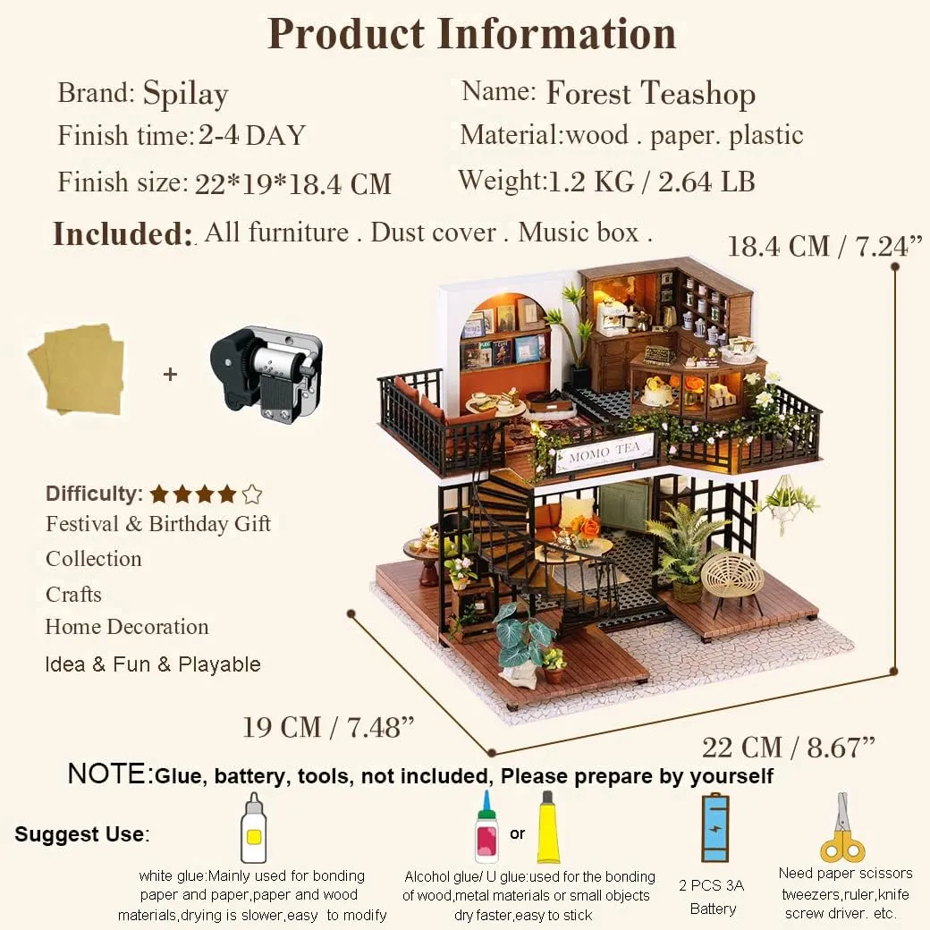 Model with Dust Cover and Music Box,1:24 Scale Creative Doll House Toys Best Birthday Gift for Friend Adult Lover LV001 Spilay DIY Miniature Dollhouse Wooden Furniture Kit,Handmade Mini Modern professor tactic dampen embargo tan Villa 