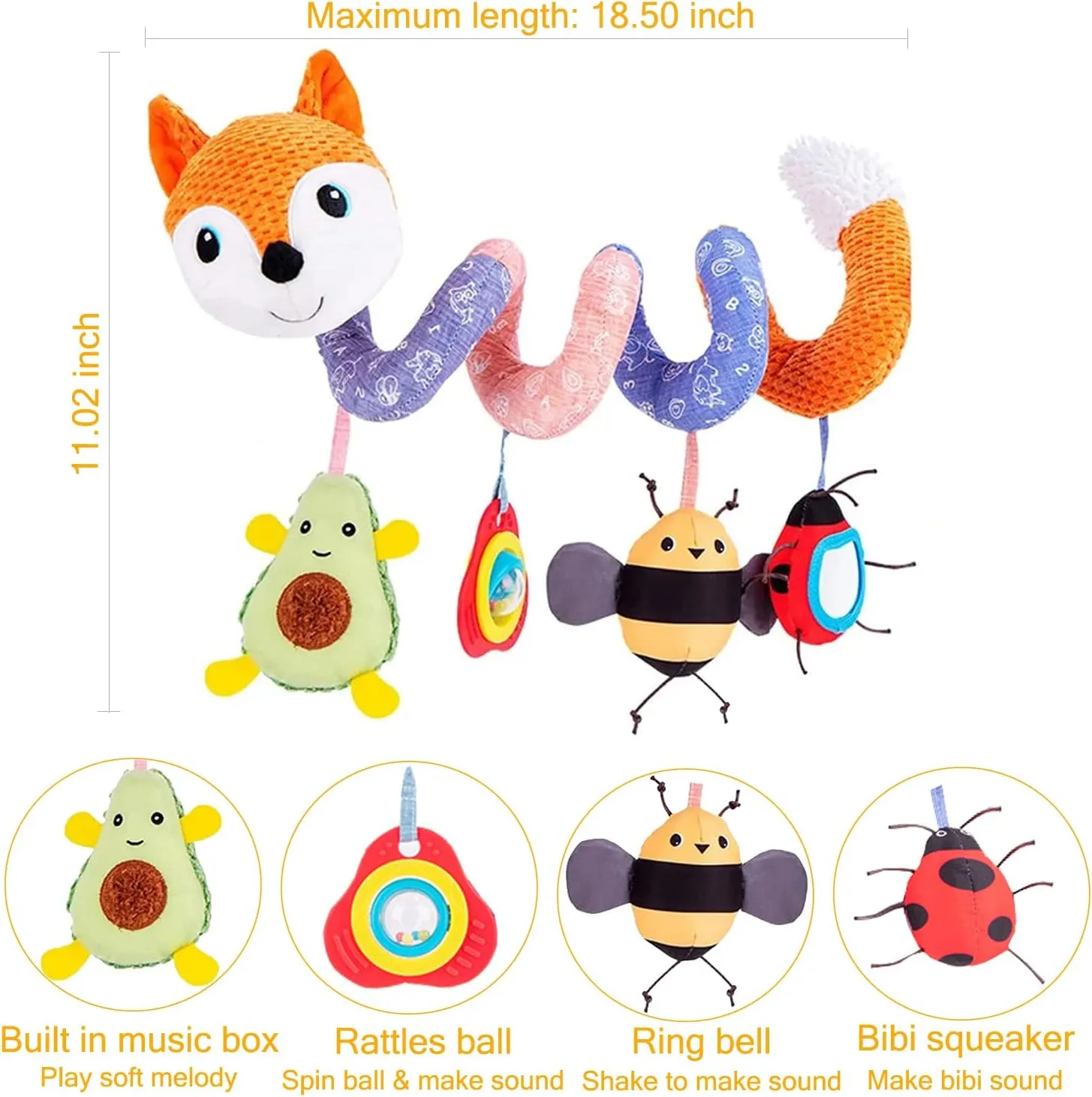 Month Carseat Stroller Toys Infant Spiral balk alga Activity Toy 0-6 Months, Hanging Toys for Babies Newborn Boys Girls 0-6-12 Months - Orange Fox Car Seat Toys, Baby Toy 3-6 