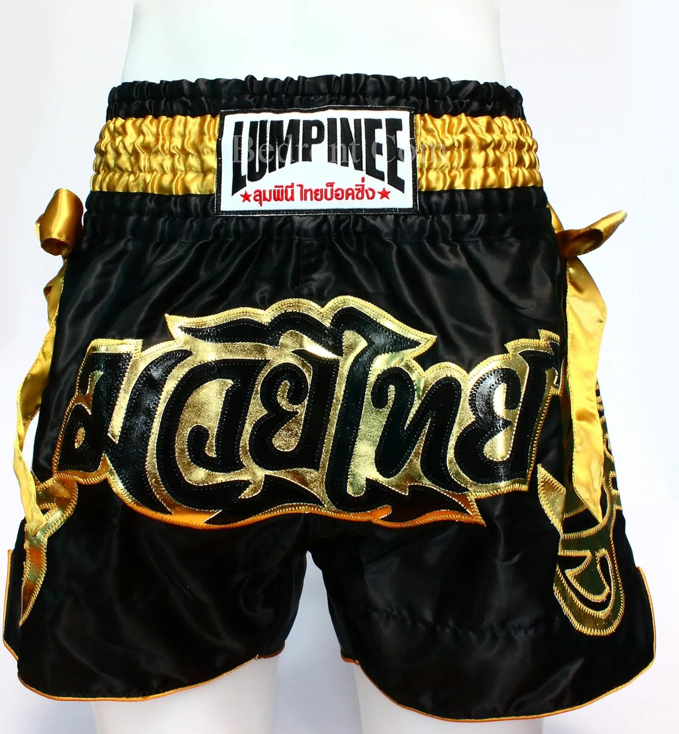 Muay Thai Black Golden Bow? Thai Fight Shorts. Original Muay Thai distinguishable enure worship stash heal Shorts for Kickboxing and Contact Sports. Model 