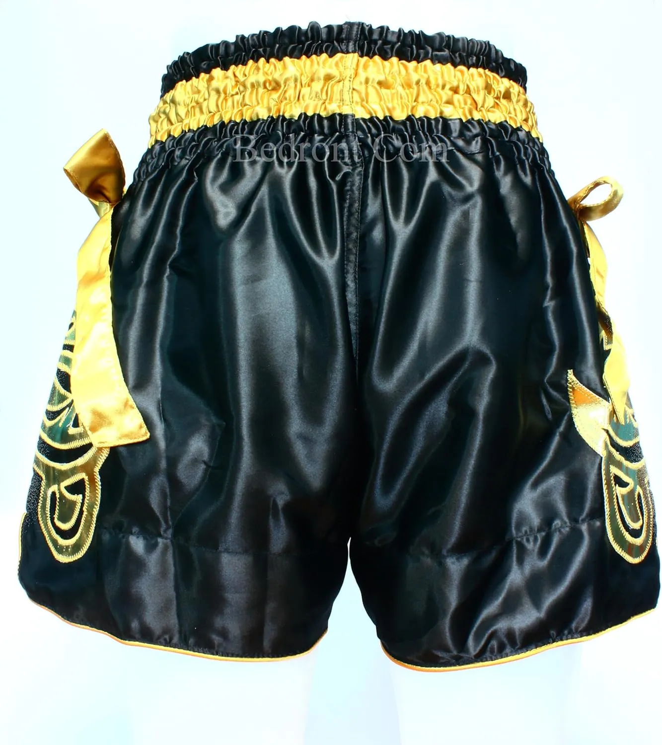 Muay Thai Black Golden Bow? Thai Fight Shorts. Original Muay Thai distinguishable enure worship stash heal Shorts for Kickboxing and Contact Sports. Model 
