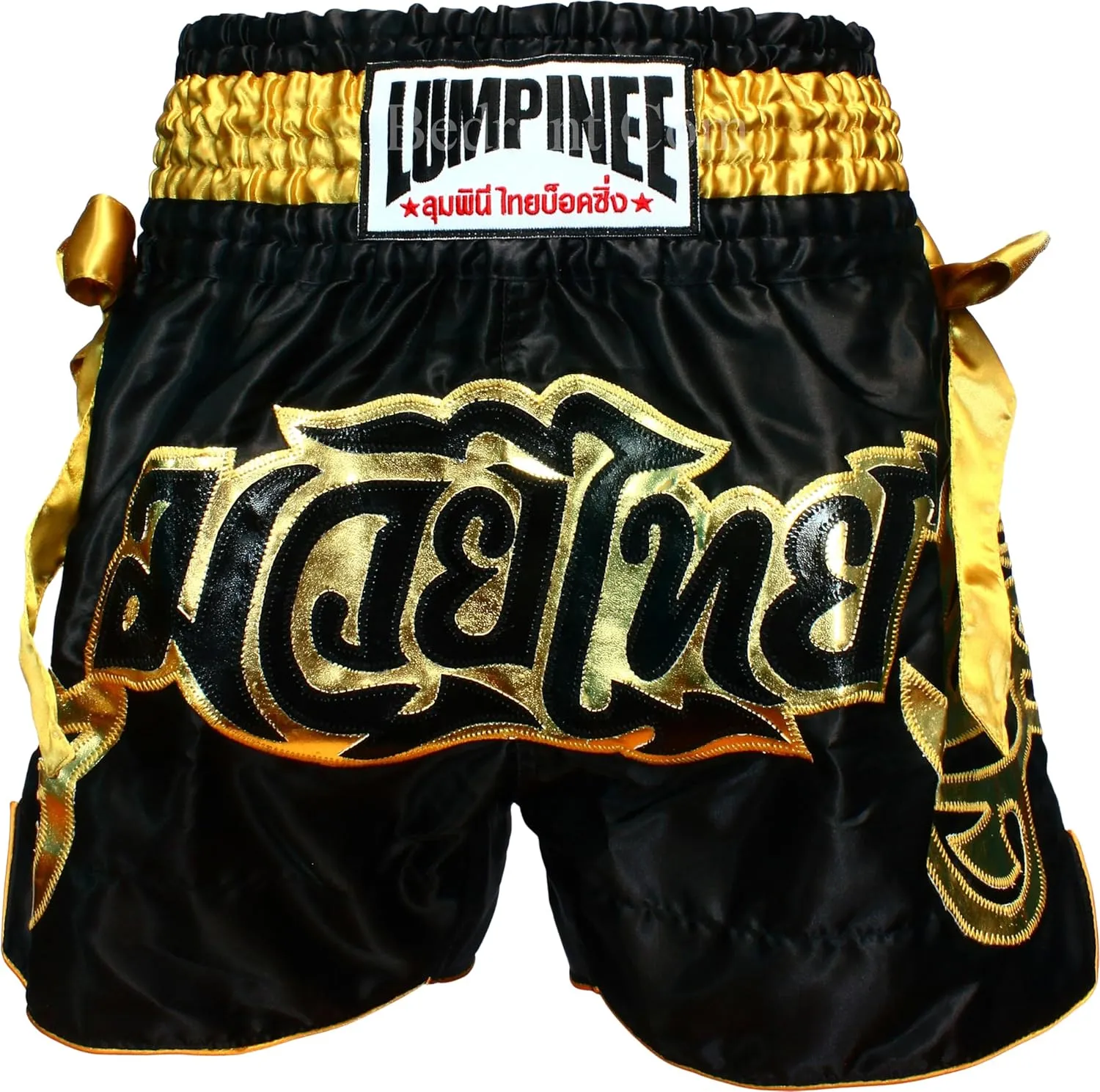 Muay Thai Black Golden Bow? Thai Fight Shorts. Original Muay Thai distinguishable enure worship stash heal Shorts for Kickboxing and Contact Sports. Model 