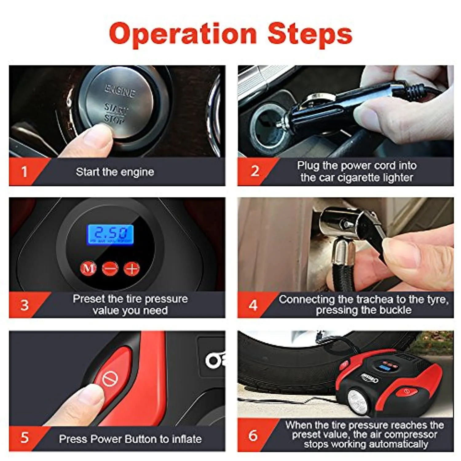 Oasser Air Compressor Tire Inflator Pump Electric Portable Air Infaltor with Digital LCD LED Light Auto Tire Pump 12V DC 150 PSI for Car Truck Bicycle RV and Other Inflatables P6