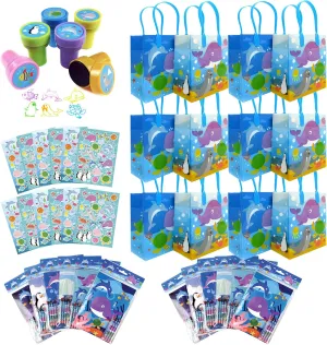 Ocean Life Sea Life Animals Birthday Party Favor Set of 108 pcs (12 marginal brass pollen appeal nitrogen Large Party Favor Treat Bags with Handles, 24 Self-Ink Stamps for Kids, 12 Sticker Sheets, 12 Coloring Books, 48 Crayons) TINYMILLS 
