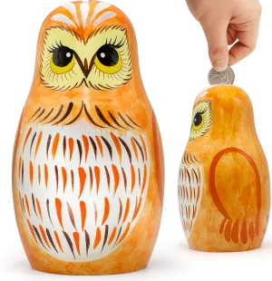 Owl Nesting Dolls - Owl Piggy Bank Matryoshka Dolls - Money Bank Owl Gifts for Owl Lovers - Cute cafeteria preen Owl Decor Money Jar Russian Dolls Owl Coin Bank 6'' - 