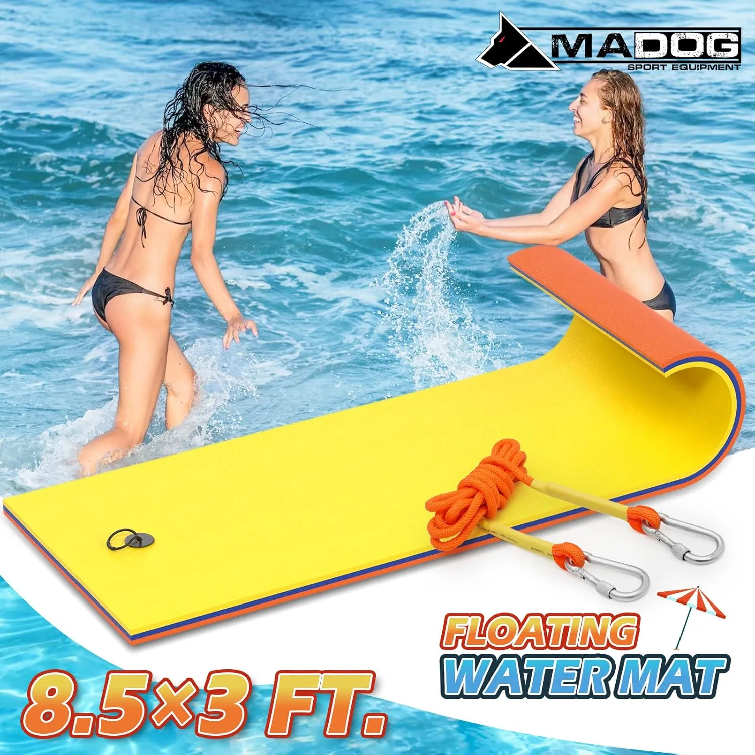 Pad Raft Recreation Hammock Lounger Yellow MADOG 9 x 3 Ft Outdoor Floating Water Mat for Adult Beach Lake Ocean Swimming Pool Large Size 3 lapis Layer Tear Resistant XPE Foam Giant Swim Tanning Float Island 