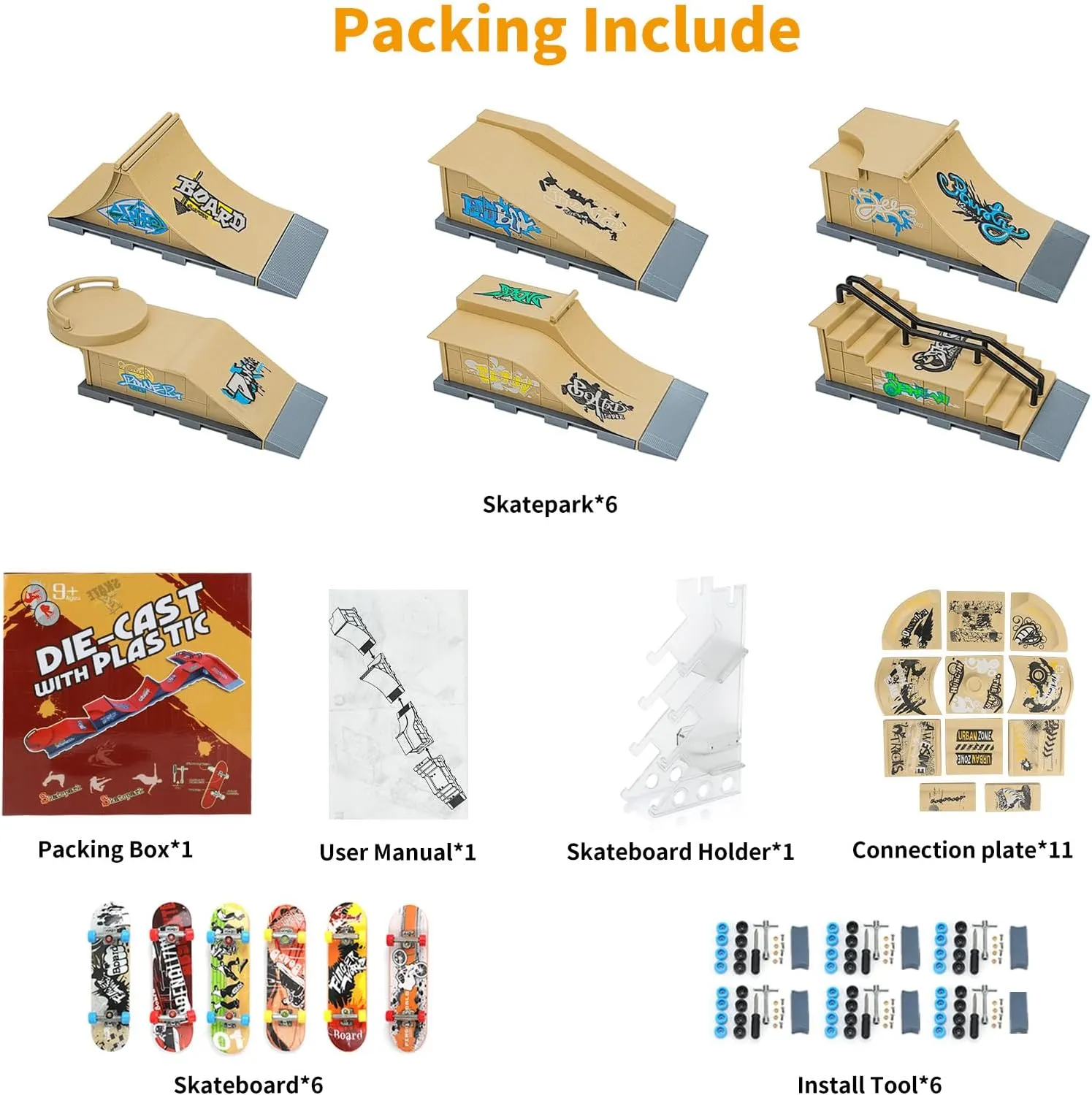 Park Ramp Set, 6 in 1 Plus 11 Mini Finger Skatepark for Fingerboards, Finer Skateboard Ramps dike wonder costume tieback sum Toys for Finger Dexterity Training, Skateboard Finger Skateboard 