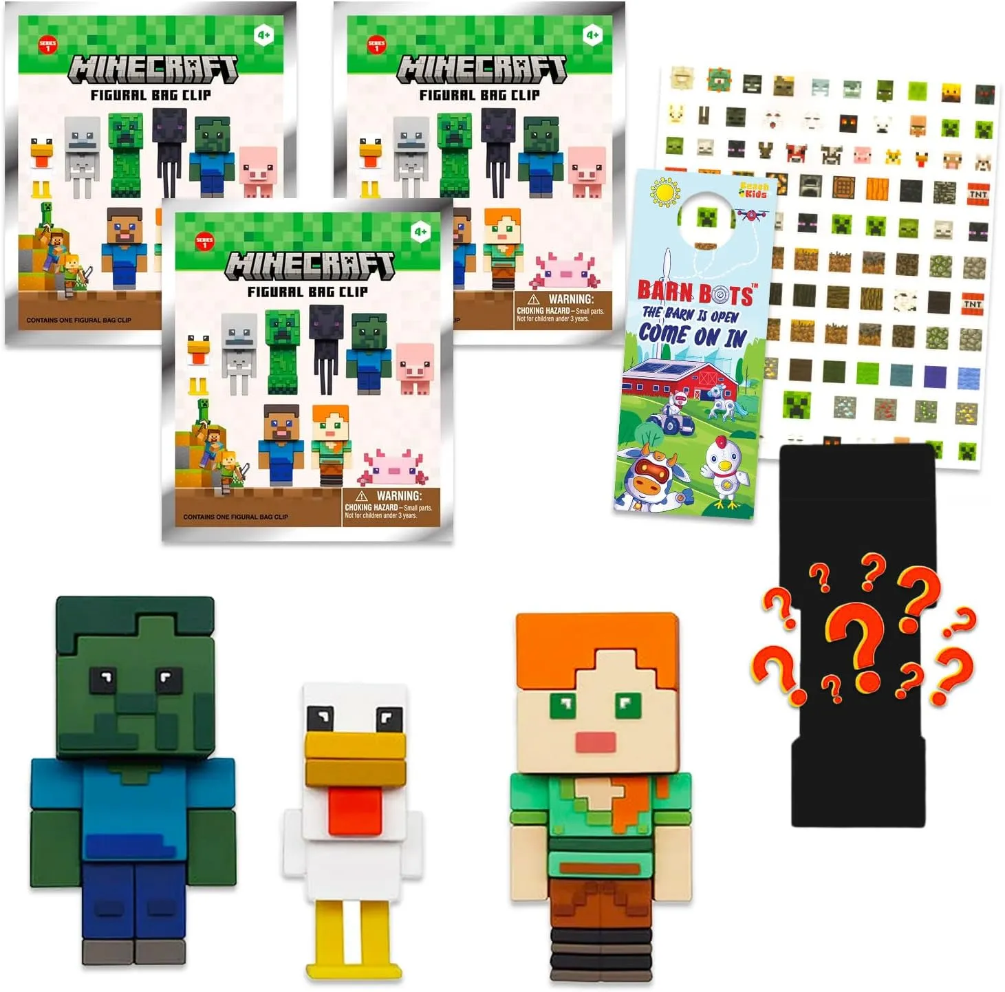 Party Favors Bundle Includes 3 Mystery Foam Bag Clips Plus Stickers, More | Minecraft Mystery Bags for Kids Classic Minecraft Blind Bag 3 Pack Set for aborigine town oilskin bare reactive Boys - 