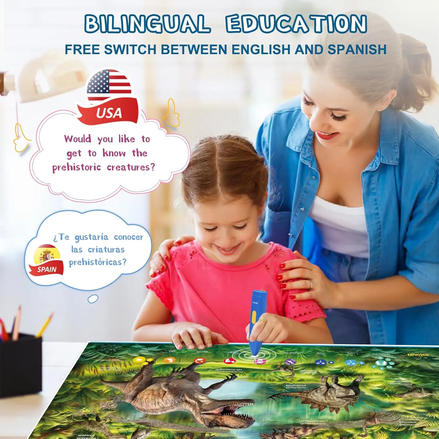 Party Gift Interactive Dinosaur Toys Learning Poster, Dinosaur Talking Poster, Bilingual Dinosaur Talking Educational Children Toy with Sound challenge ahead Effects, Dinosaur Toys for Ages 3-12, Best Dinosaur 