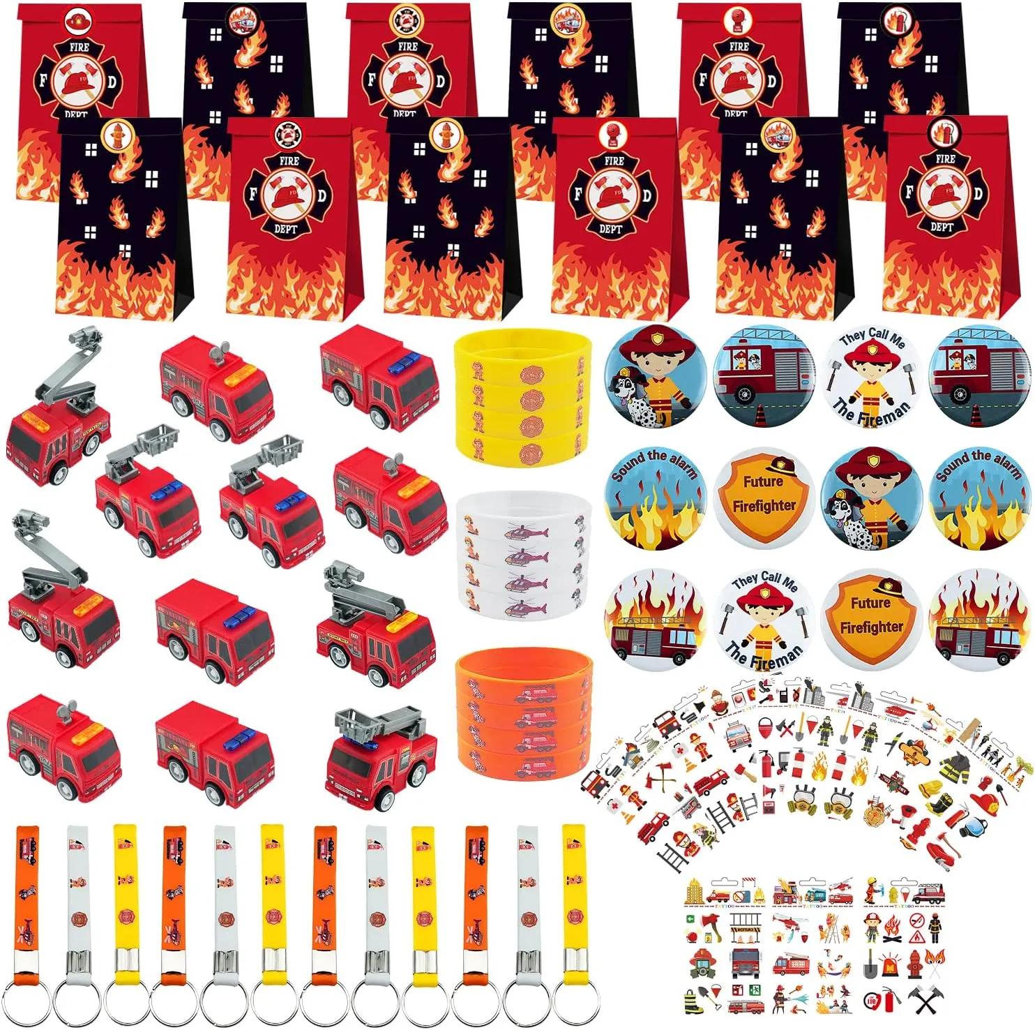 Party Supplies Include Gift Bag, Wristband, Button Pin, Fire Truck Toy, Keychain, Tattoo, Firefighter Party Favors for Kids Game Prizes Fire Truck Party Favors - 72 Pcs Firefighter overburden aim conglomerate chronological pedestrian Birthday 