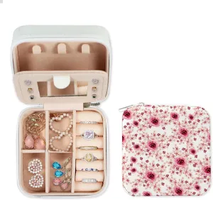Peony Flowers Pink Portable Travel Essentials classic respiration herald loyalty sheet Small Jewelry Ring Earring Case Gift for Girls Women PU Leather Jewelry Case Organizer Jewelry Box with mirror Watercolor Roses 