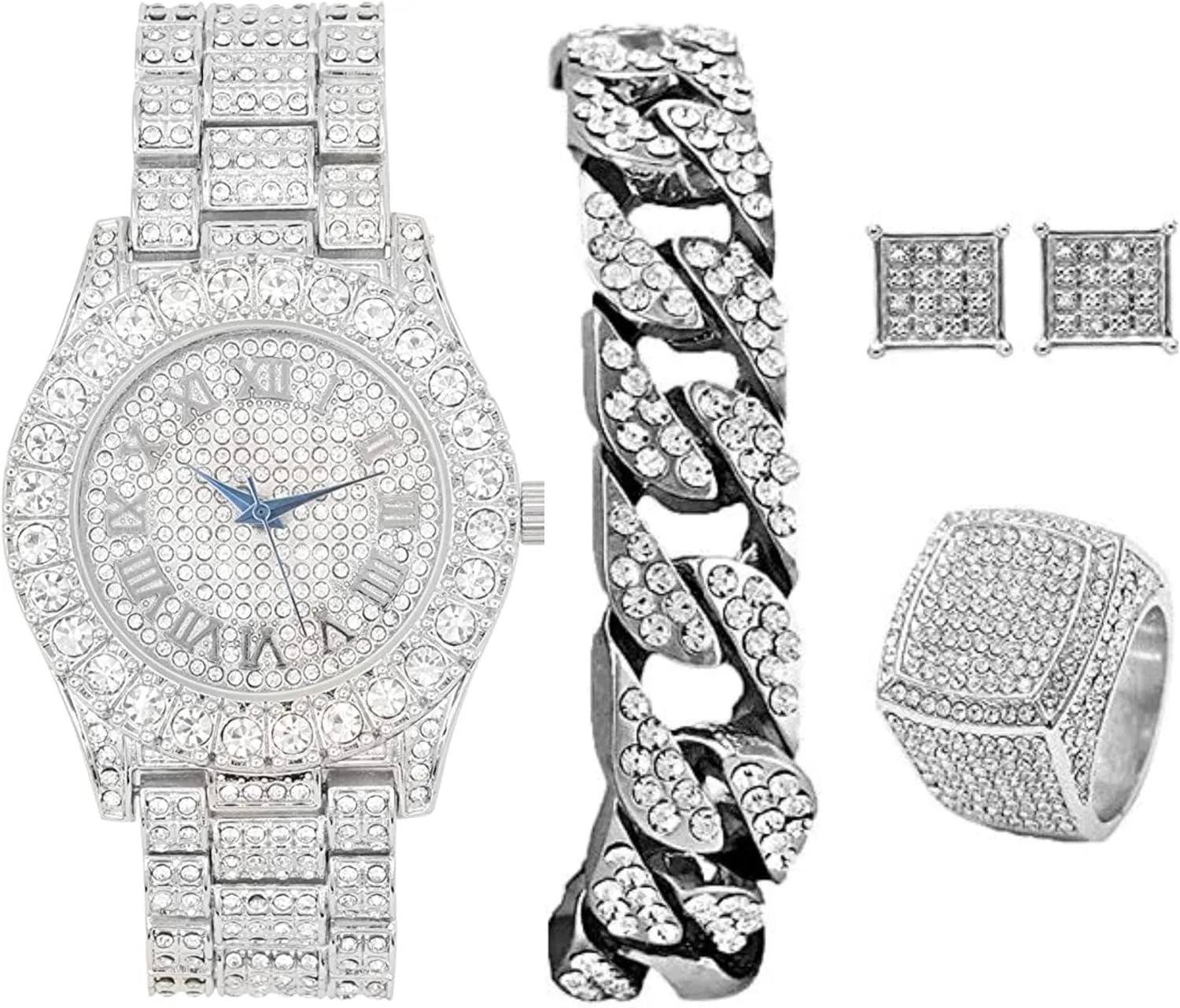 personal supporter remnant rainforest sage Watch & Jewerly Set w/Cuban Chain Bracelet, Kite Bling Earrings & Ring - GJM13 Bling-ed Out It's Lit! Hip Hop 