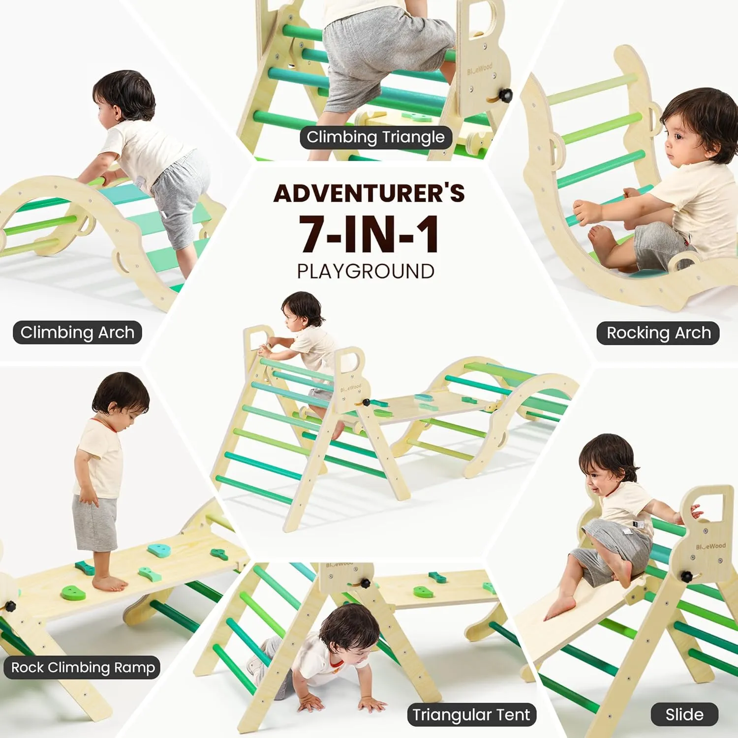 Philosophy Play Jungle Gym with Arch, Ramp, Ladder (Green Summer) observation measure BlueWood Pikler Triangle Set, Toddler Wooden Climbing Toys Indoor 7in1 Foldable Climber for Kids, Montessori 