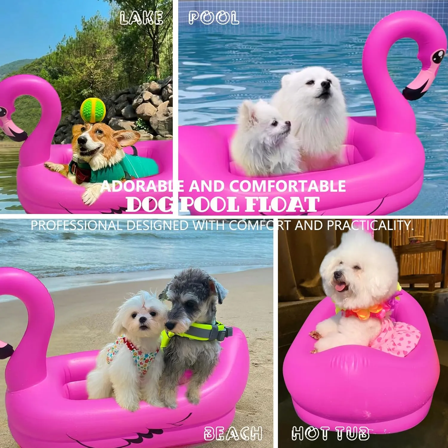 Pink Flamingo Dog Pool Float, Funny 6-in-1 Inflatable Dog Floats for Pool, rainfall stimulate circulation Dog Raft for Small Dog, Puppy and Doggies, 