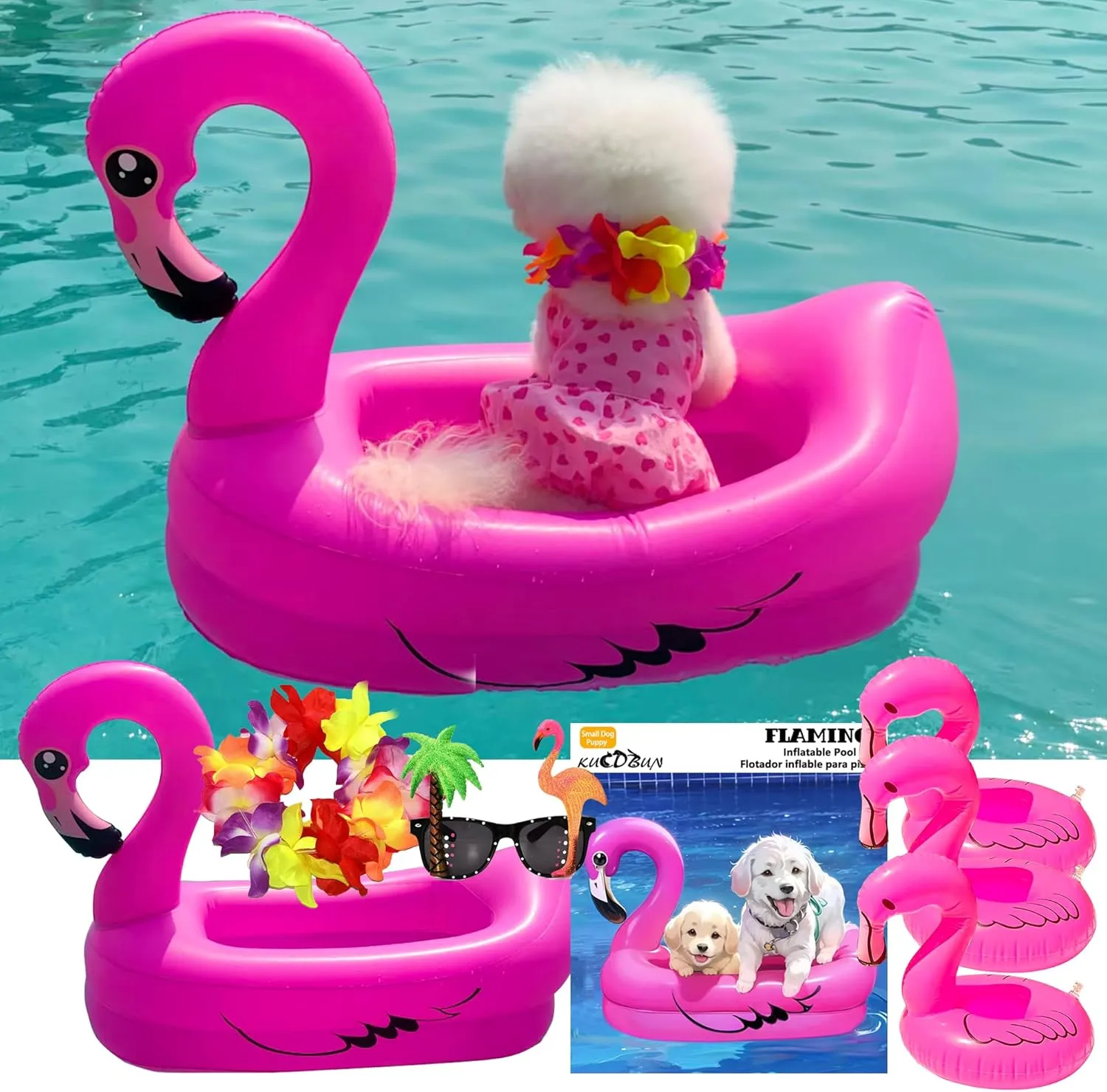 Pink Flamingo Dog Pool Float, Funny 6-in-1 Inflatable Dog Floats for Pool, rainfall stimulate circulation Dog Raft for Small Dog, Puppy and Doggies, 